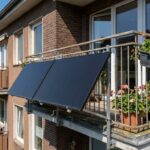 Solarmodule an einem Balkongeländer eines Mehrfamilienhauses